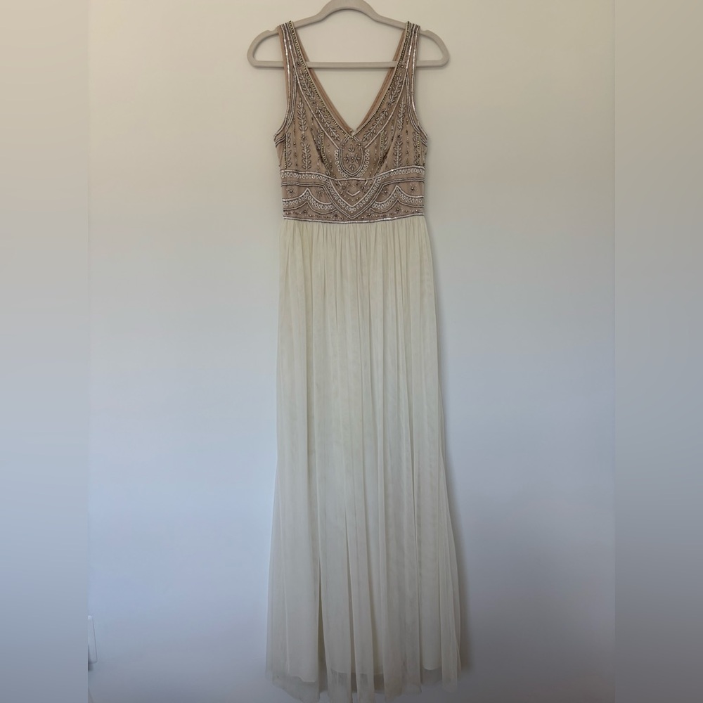 BHLDN Beaded Ivory and Champagne V-Neck Wedding Dress